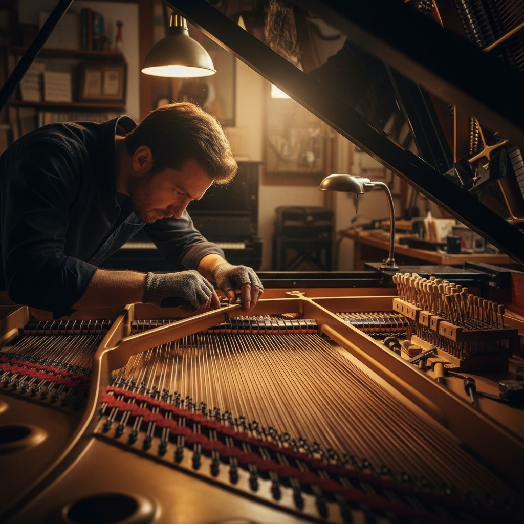 Un technicien accorde minutieusement les cordes d'un piano à queue dans son atelier éclairé.