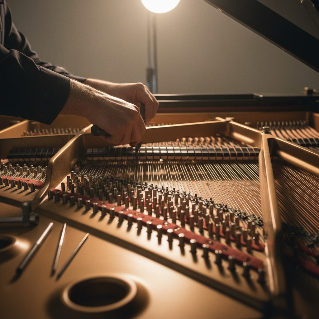 Un technicien utilise un outil pour accorder les cordes à l'intérieur d'un piano à queue sous une lumière tamisée.