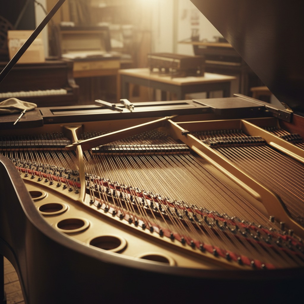 Vue rapprochée de l'intérieur d'un piano à queue avec ses cordes et son cadre métallique dans un atelier de réparation.